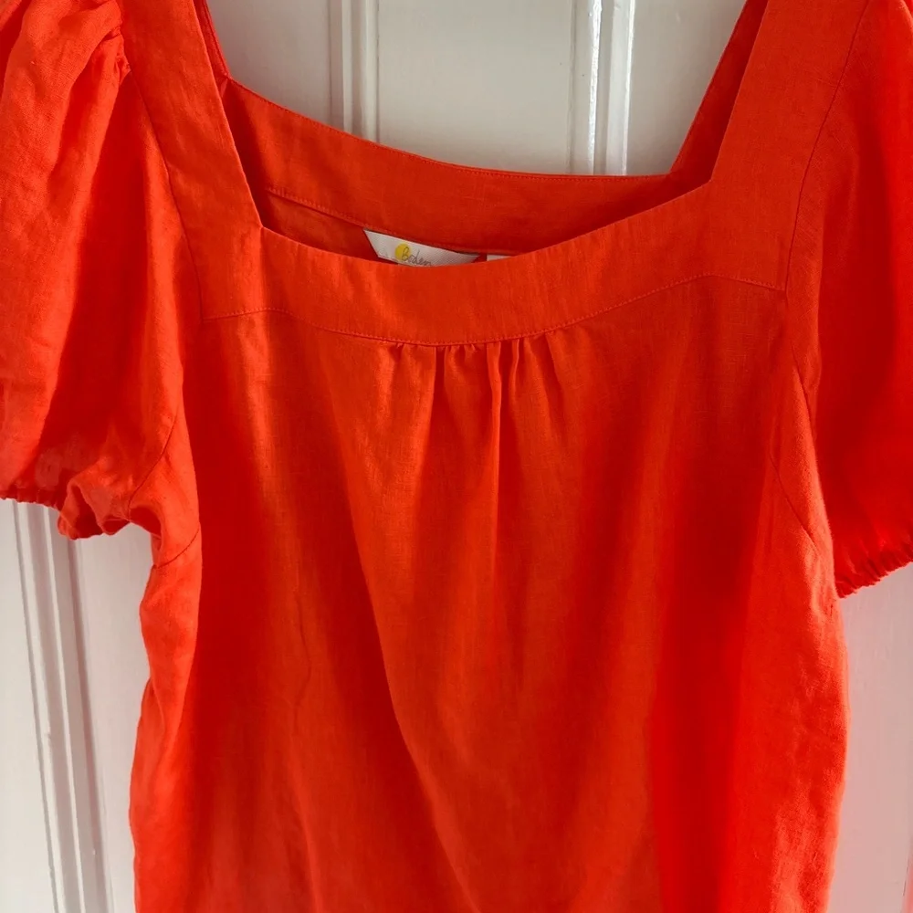 Boden Square Neck Puff Sleeve Linen Blouse in Orange/Red - Size 14